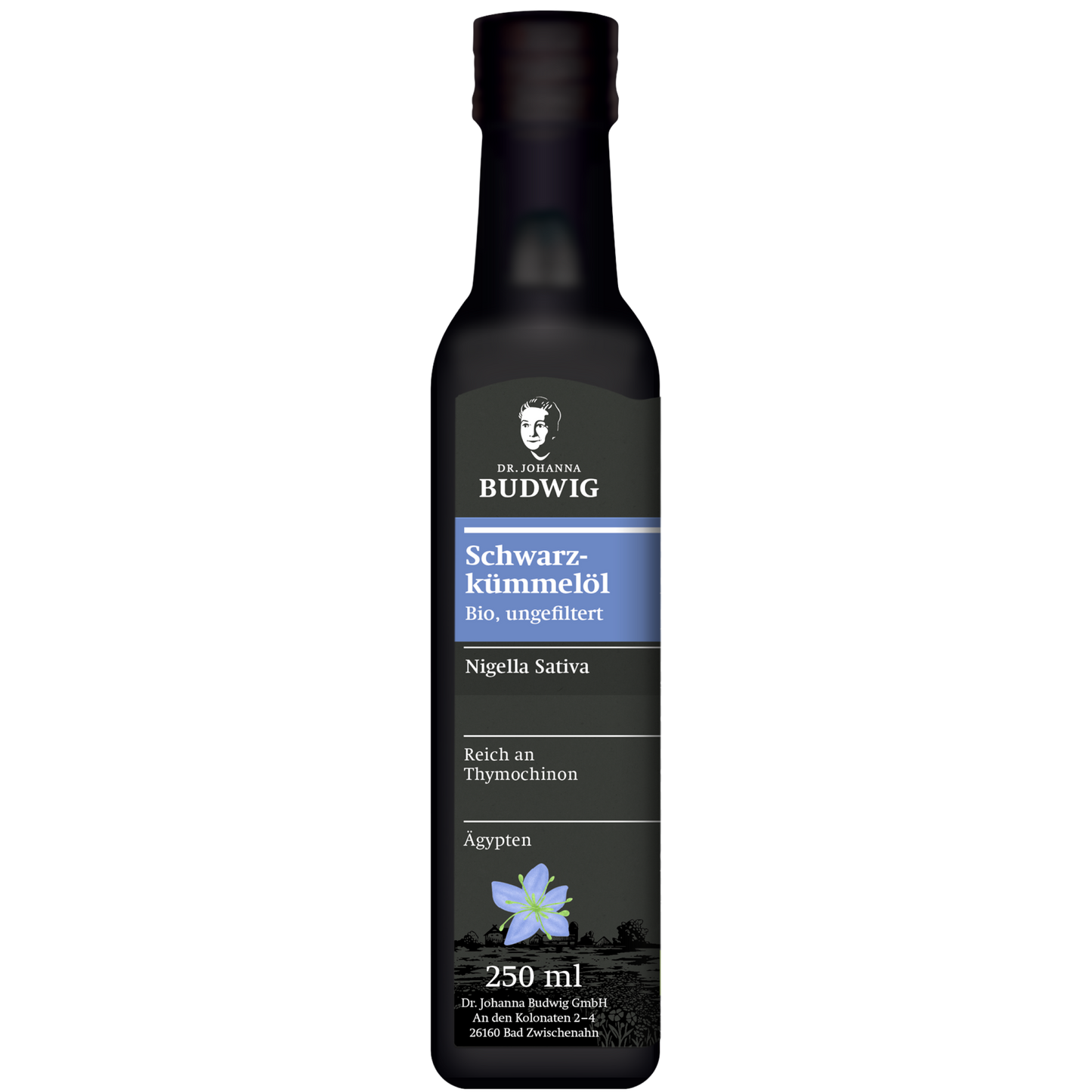 Ungefiltertes Schwarzkümmelöl in einer 250ml Flasche.