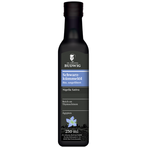 Ungefiltertes Schwarzkümmelöl in einer 250ml Flasche.