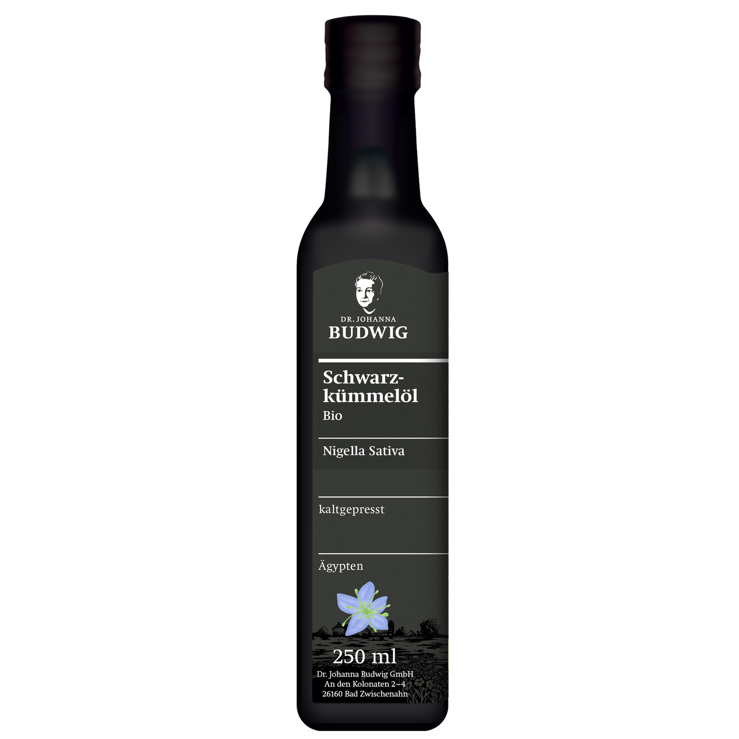 Gefiltertes Schwarzkümmelöl in einer 250 ml Flasche.