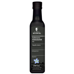 Gefiltertes Schwarzkümmelöl in einer 250 ml Flasche.