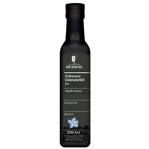 Gefiltertes Schwarzkümmelöl in einer 250 ml Flasche.